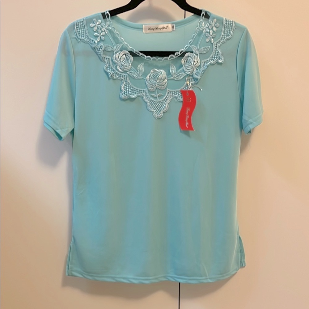 Elegant Blue Embroidered Top women’s size L